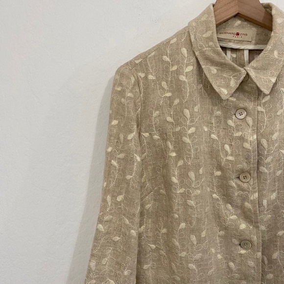 Bernard Zins Women's 8 Khaki Metallic Floral Embroidered Linen Jacket Button up - Picture 2 of 9